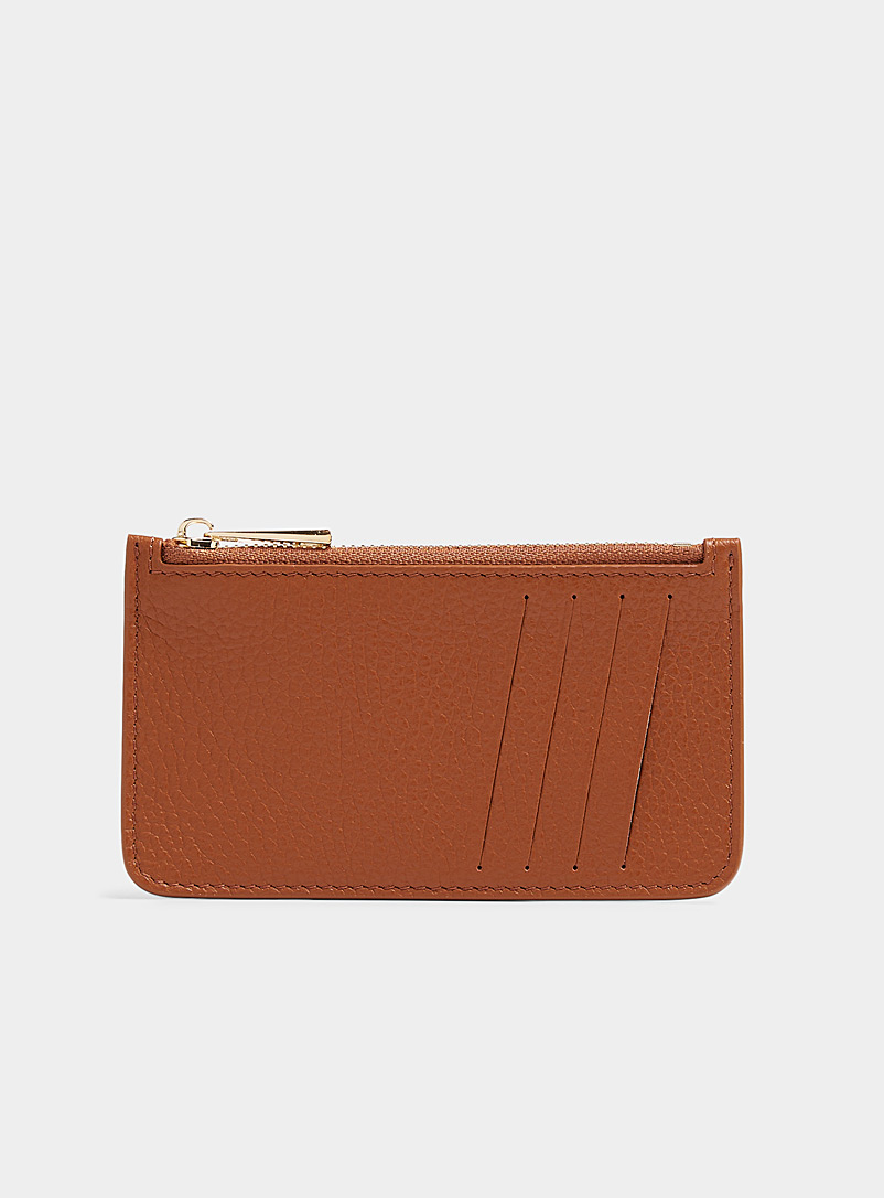 Simons Brown Pebbled leather zip card holder for women