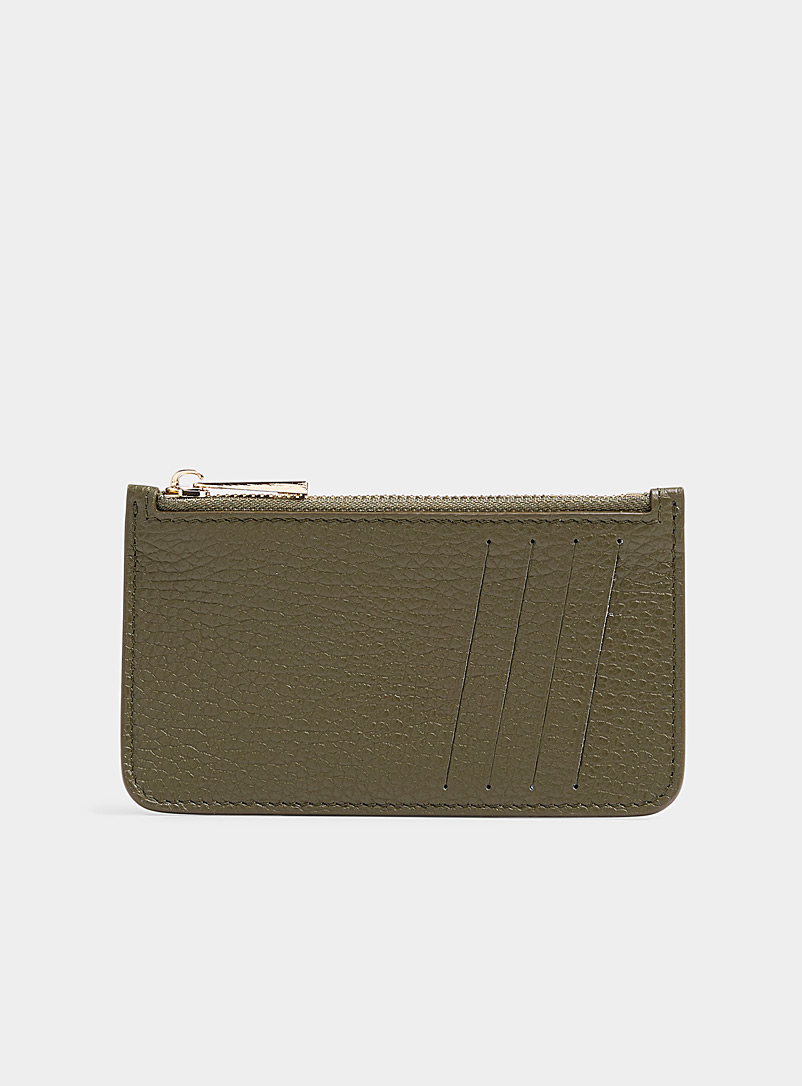 Simons Khaki/Sage/Olive Pebbled leather zip card holder for women