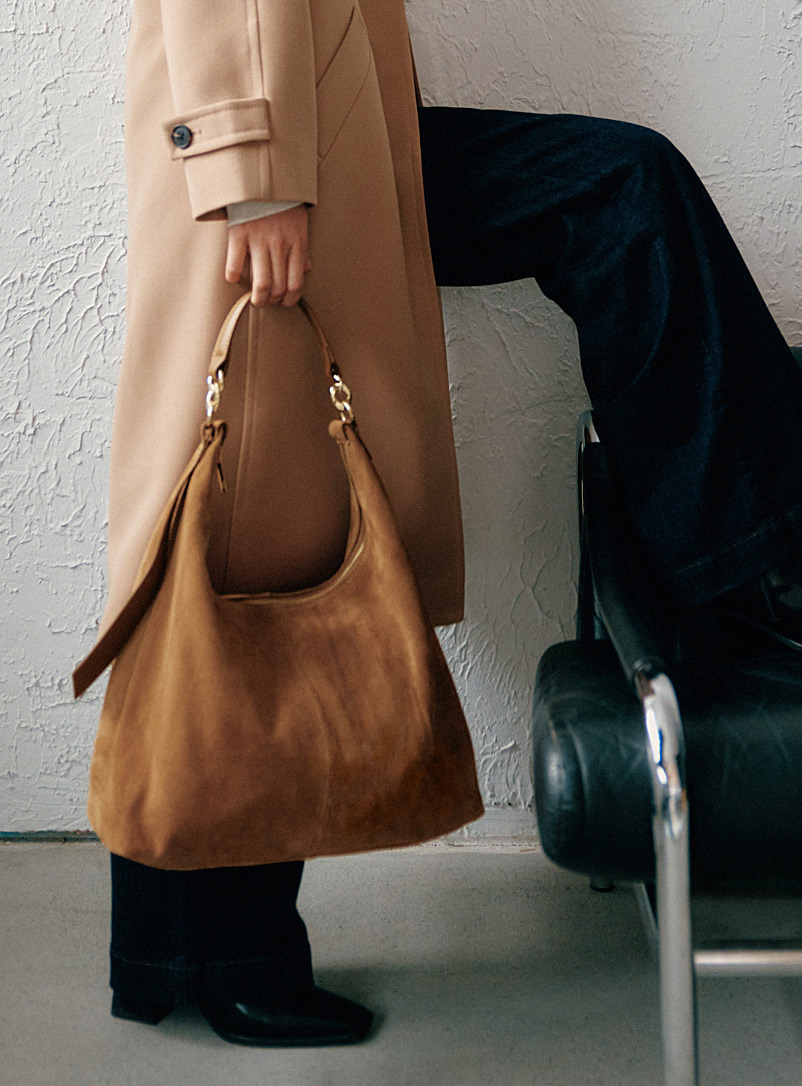 Simons: Le sac besace suède maillons or XL Collection exclusive d'Italie Tan beige fauve pour femme