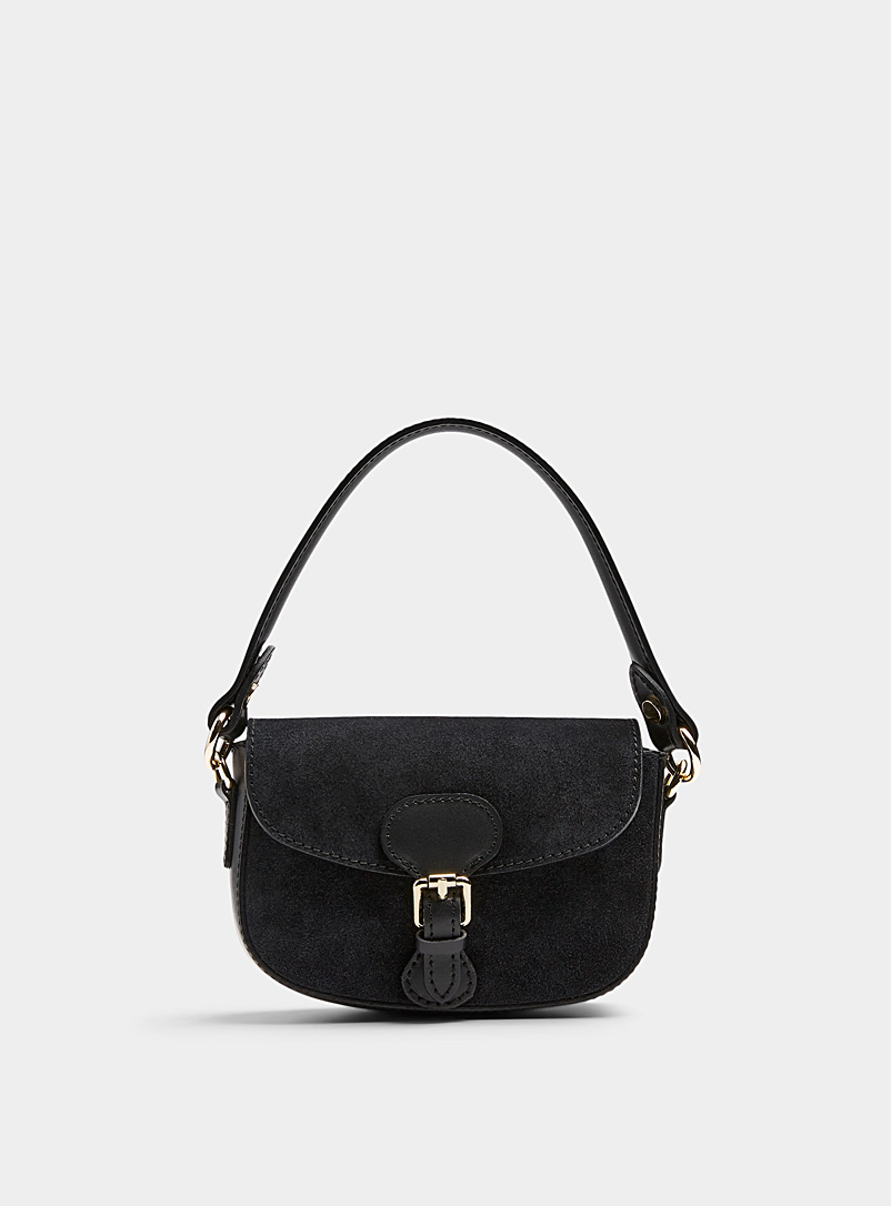 Simons Black Gold-accent black leather and suede flap bag Exclusive collection from Italy for women