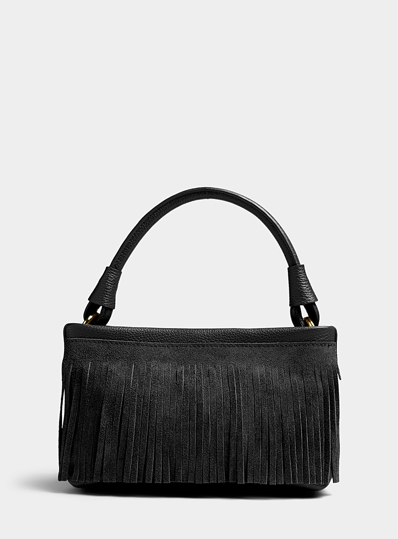 Simons Black Fringed leather and suede baguette bag Exclusive collection from Italy for women