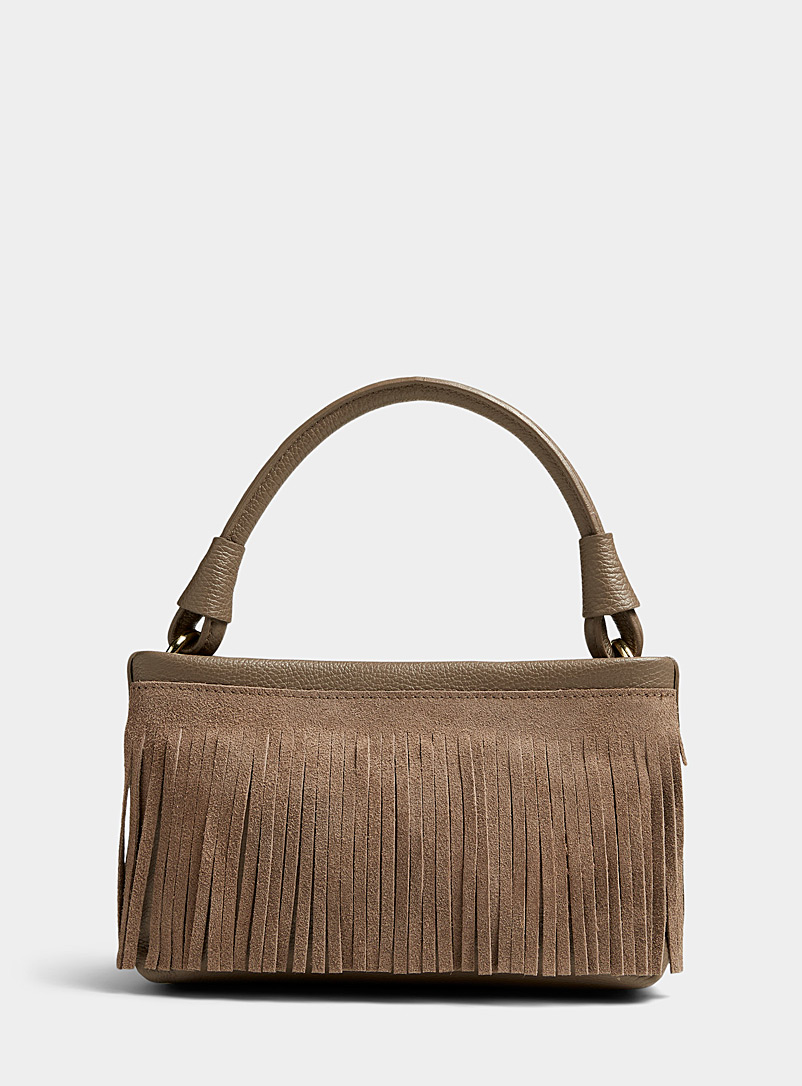 Simons Light Brown Fringed leather and suede baguette bag Exclusive collection from Italy for women