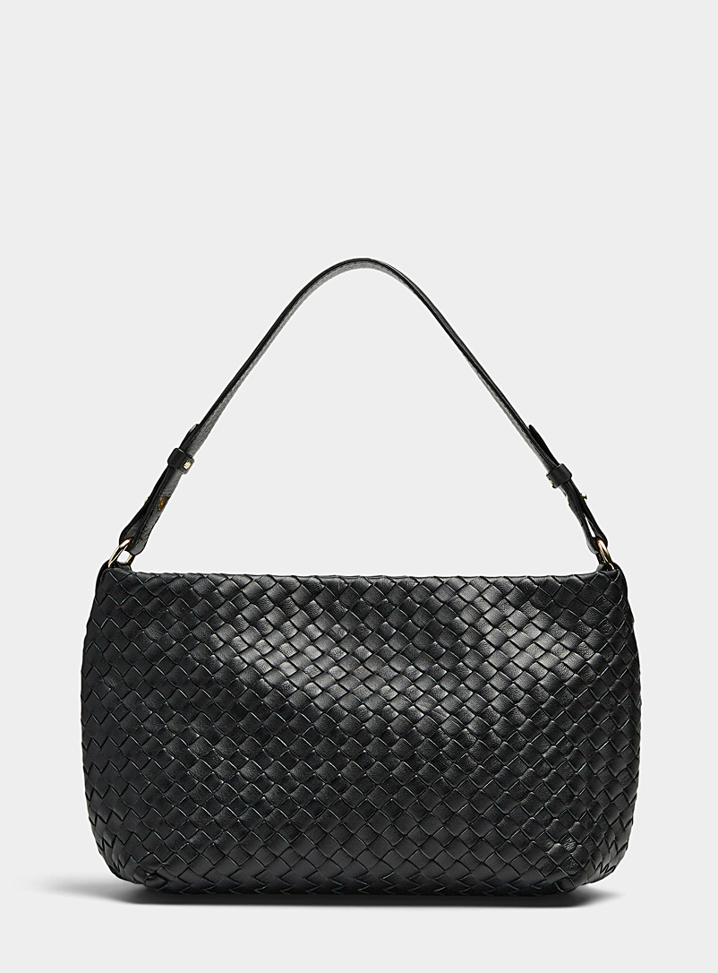 Deux Lux Large Black Leather Woven Basketweave Weekender Shoulder Bag