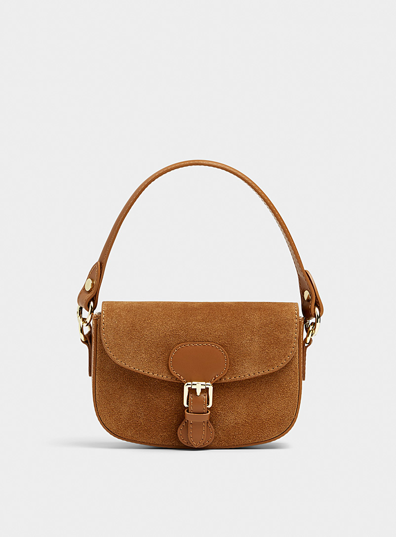 Simons Light Brown Gold-detail leather and suede flap bag Exclusive collection from Italy for women