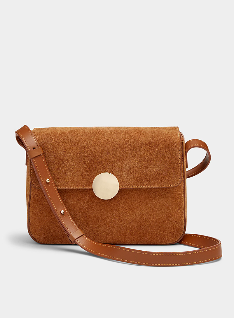 Simons Light Brown Golden-disk suede flap bag Exclusive collection from Italy for women
