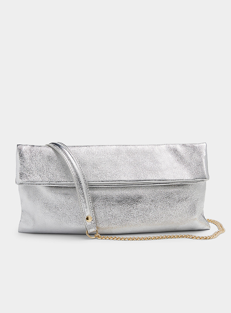 Simons Silver Bi-fold metallic leather cluch Exclusive collection from Italy for women