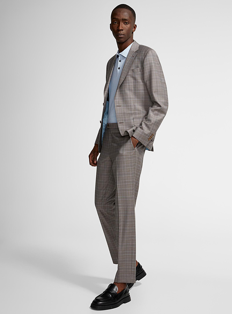 Sand Grey 100% virgin wool check suit Semi-slim fit for men