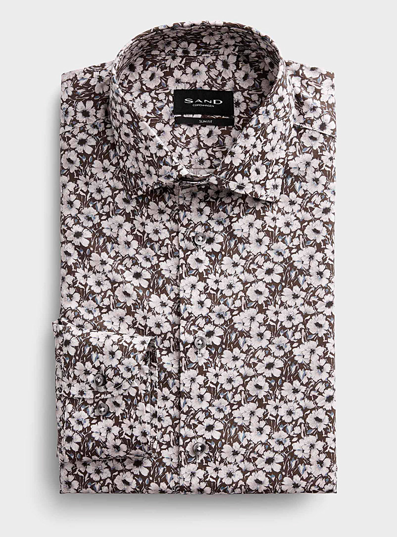 Sand Brown White flower coffee-coloured shirt Slim fit for men
