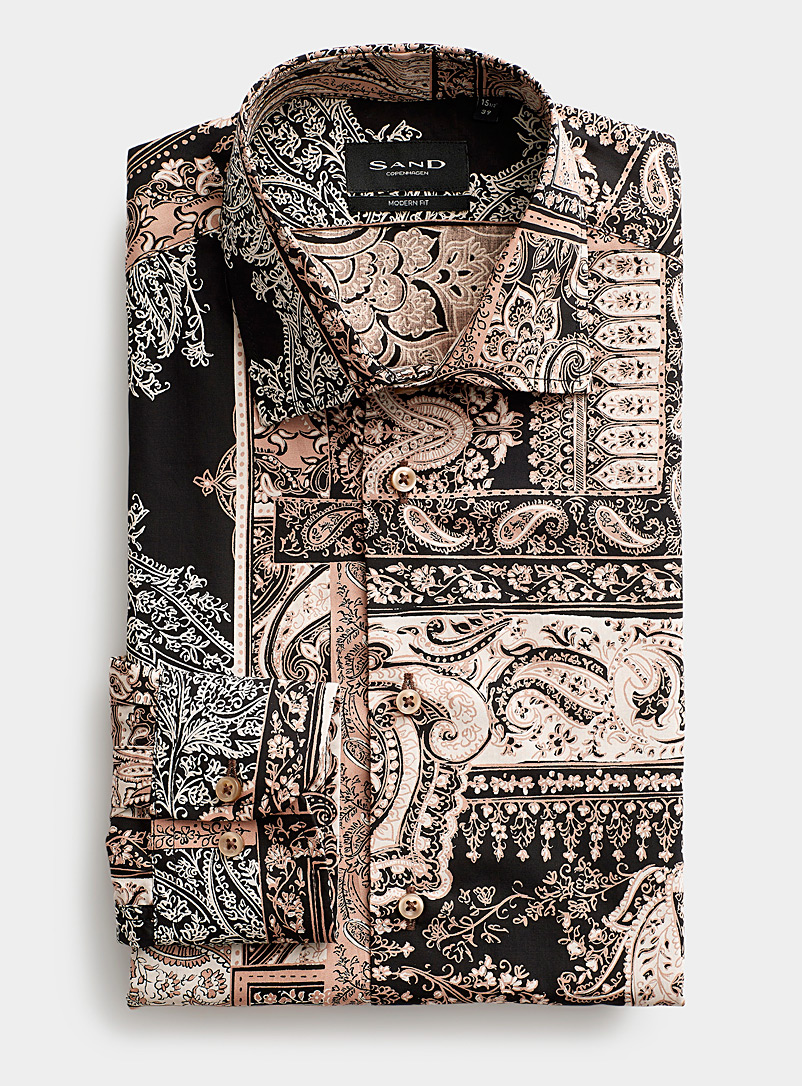 Sand Light Brown Black and sand paisley shirt Modern fit for men