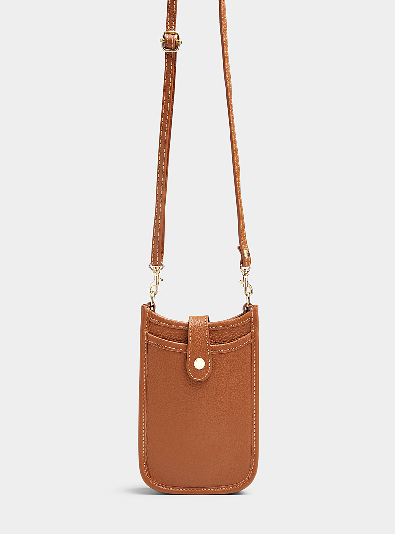 Simons Brown Topstitched pebbled leather phone clutch Exclusive collection from Italy for women