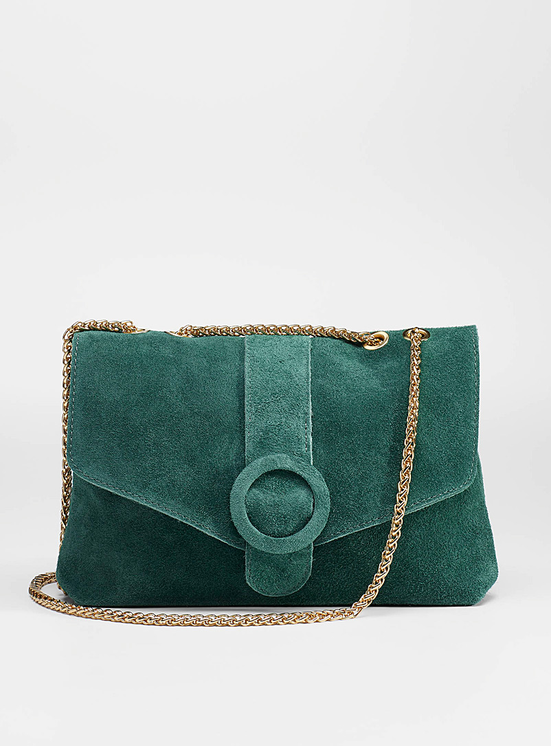 Simons Kelly Green Gold chain suede flap bag for women
