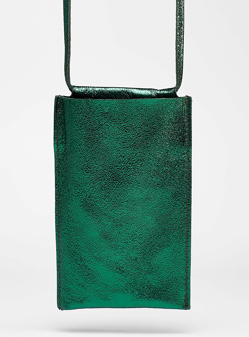 Simons Mossy Green Metallic leather phone pouch for women