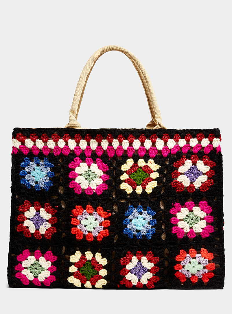 Simons Patterned Black Crocheted flower tote for women