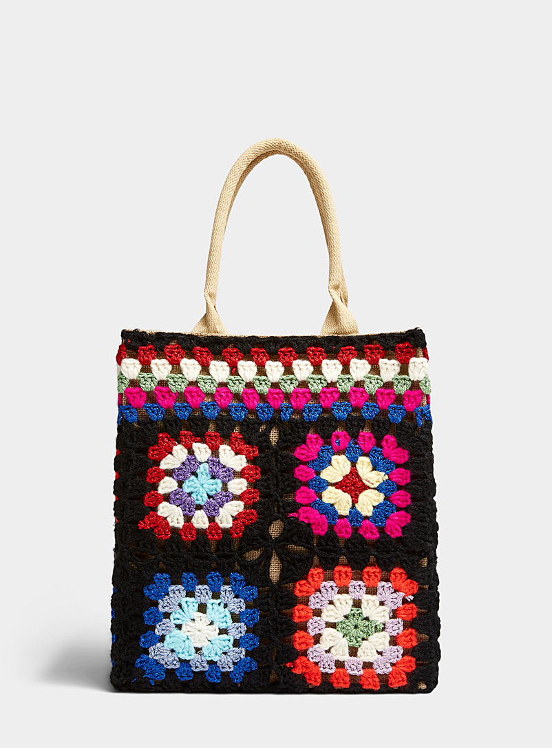 Simons Patterned Black Crocheted flower bag for women