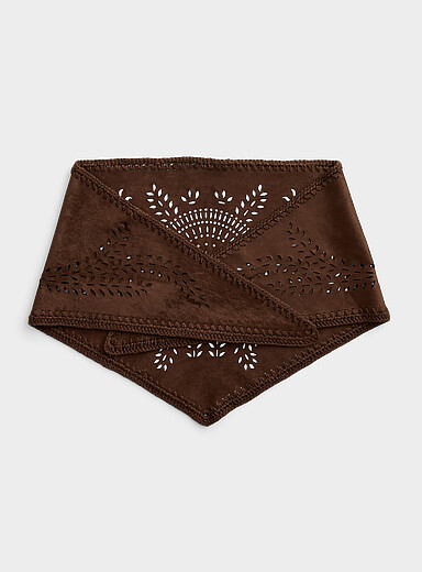 Brown faux-suede openwork triangular scarf