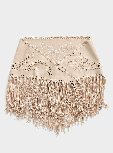 Large fringed ivory faux-suede openwork triangular scarf