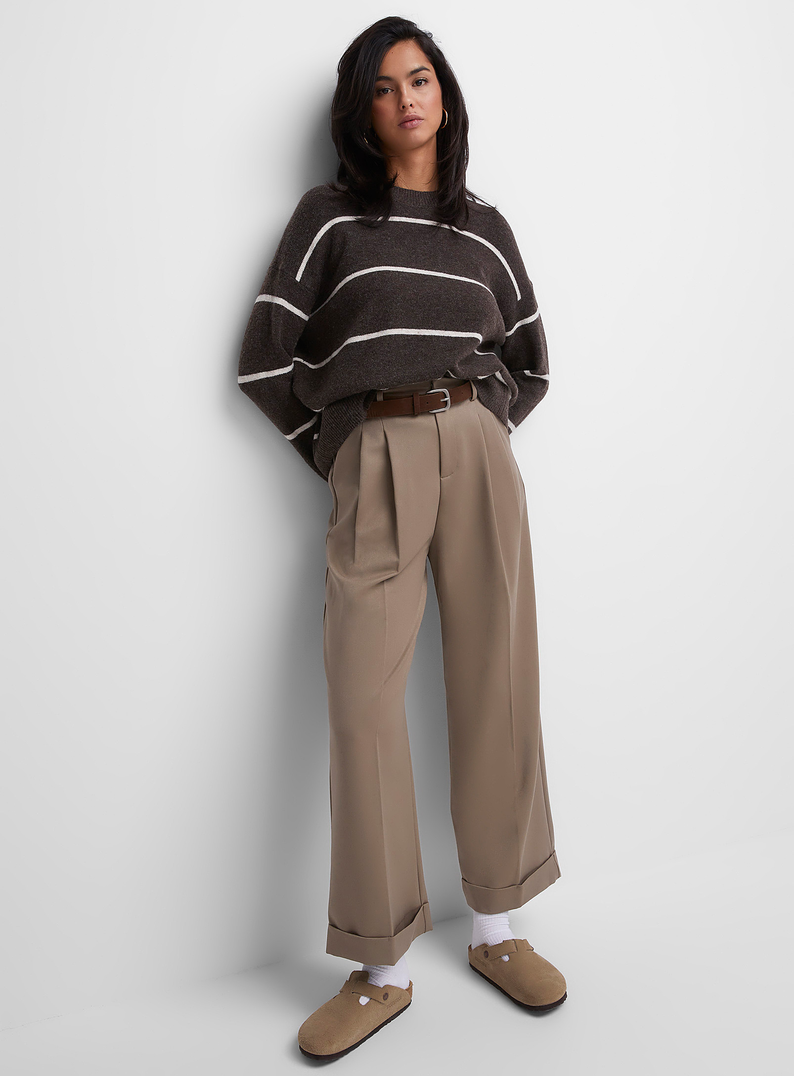 Icone Sewn Cuffs Belted Wide-leg Pant In Khaki