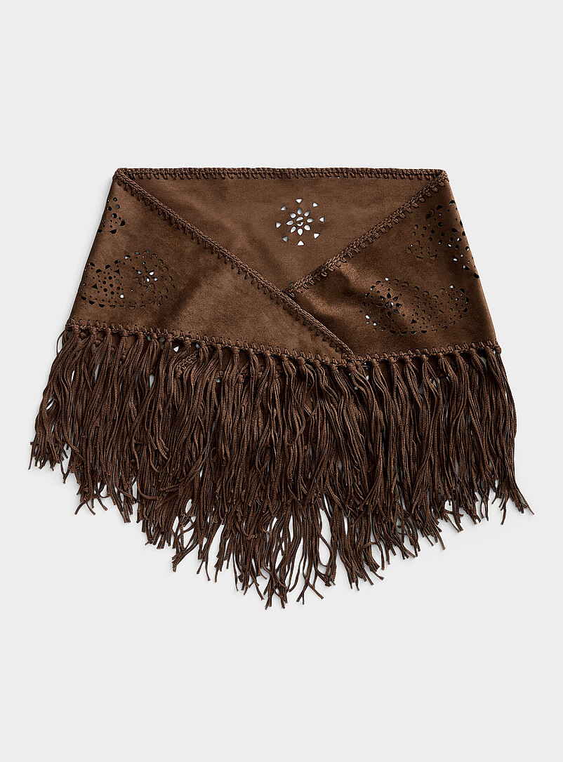 Large fringed faux-suede openwork triangular scarf product image (primary)