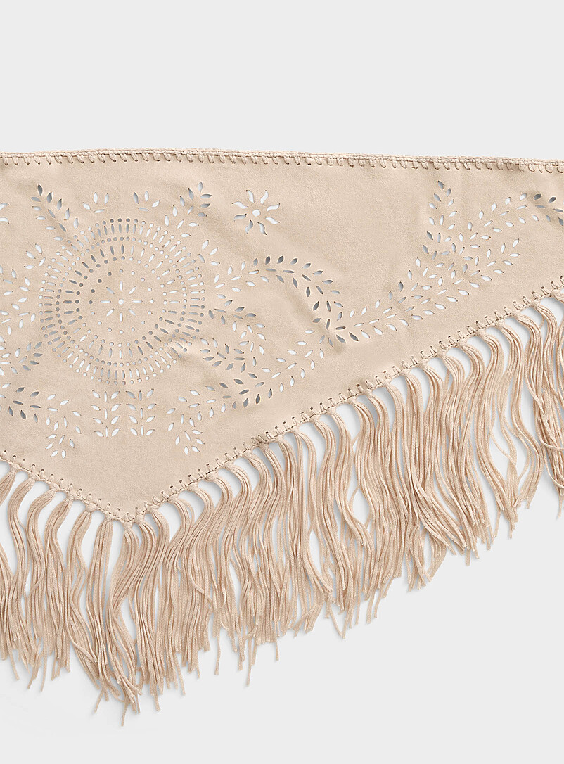 Large fringed ivory faux-suede openwork triangular scarf product image 2
