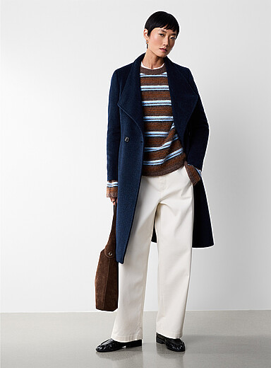 Simons Navy/Midnight Blue Mid-length fold-over crossover collar wool overcoat <b>Import from Italy</b> for women
