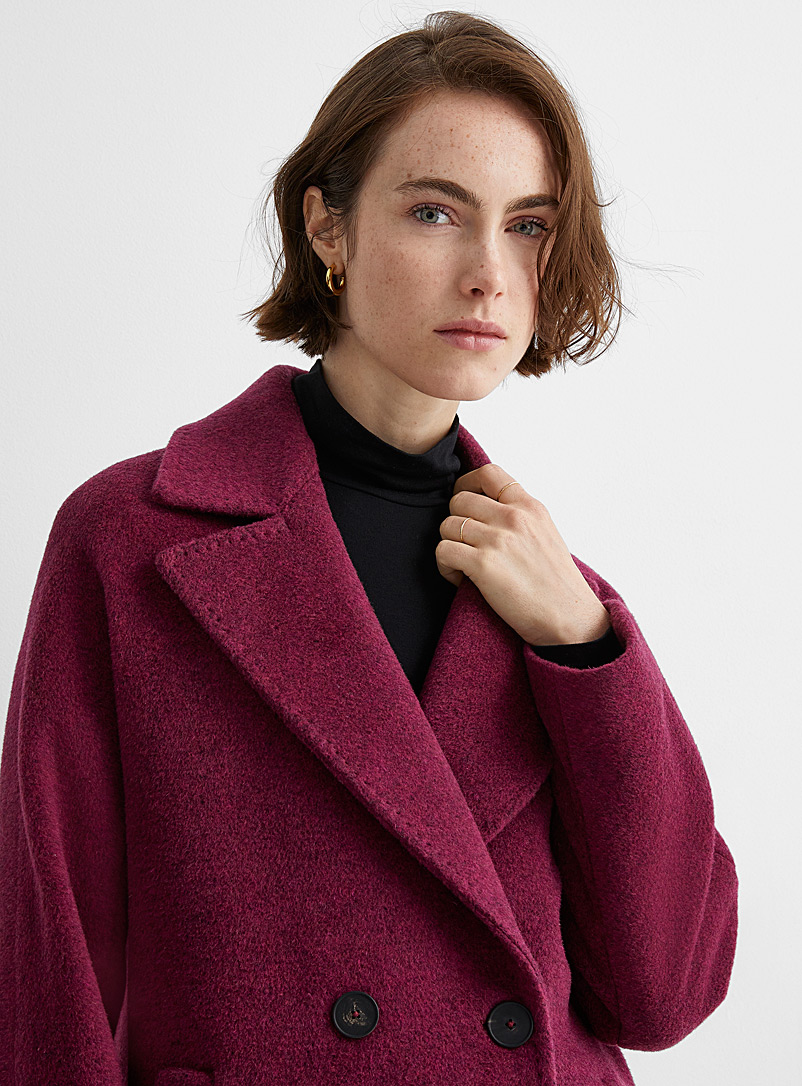 Contemporaine: Le paletot double boutonnage laine et mohair Rouge foncé-vin-rubis pour femme