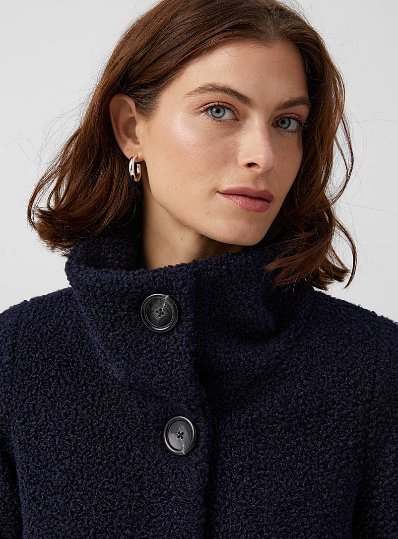 Contemporaine Marine Blue Bouclé texture stand-collar coat for women