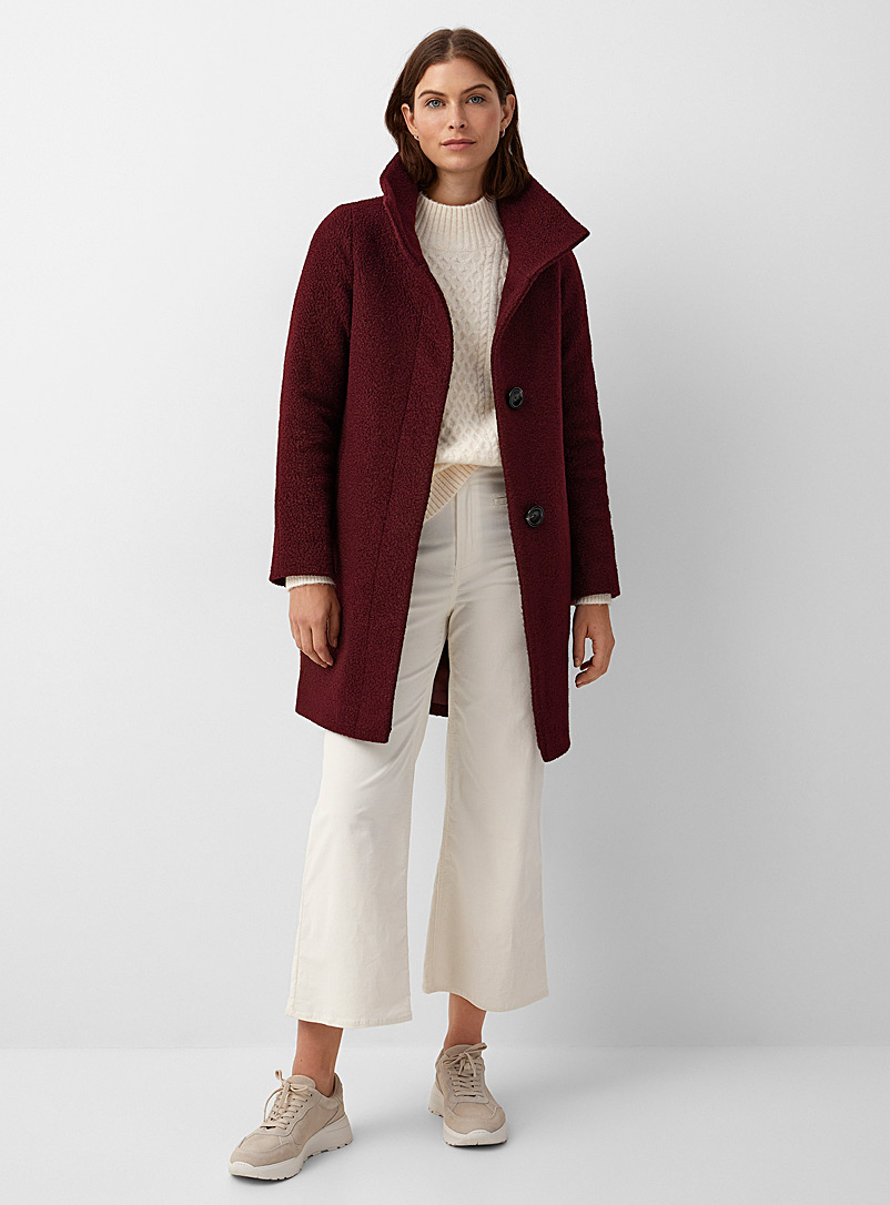 Contemporaine Ruby Red Bouclé texture stand-collar coat for women