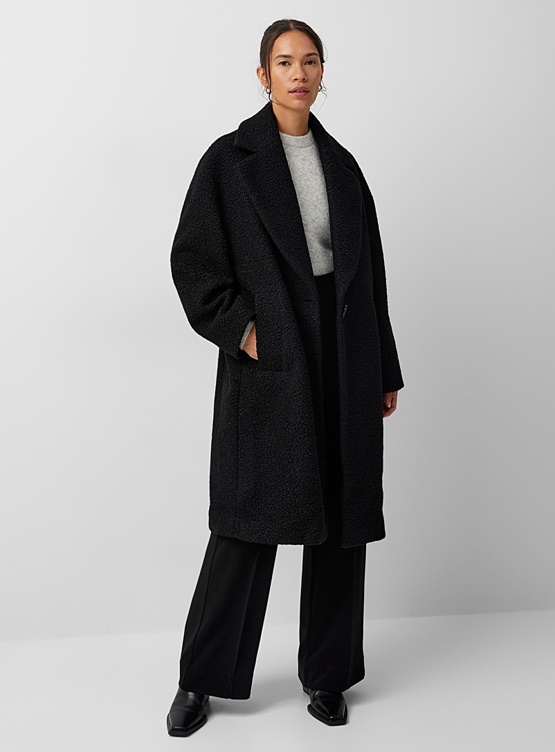 Contemporaine Black Loose bouclé-textured overcoat for women