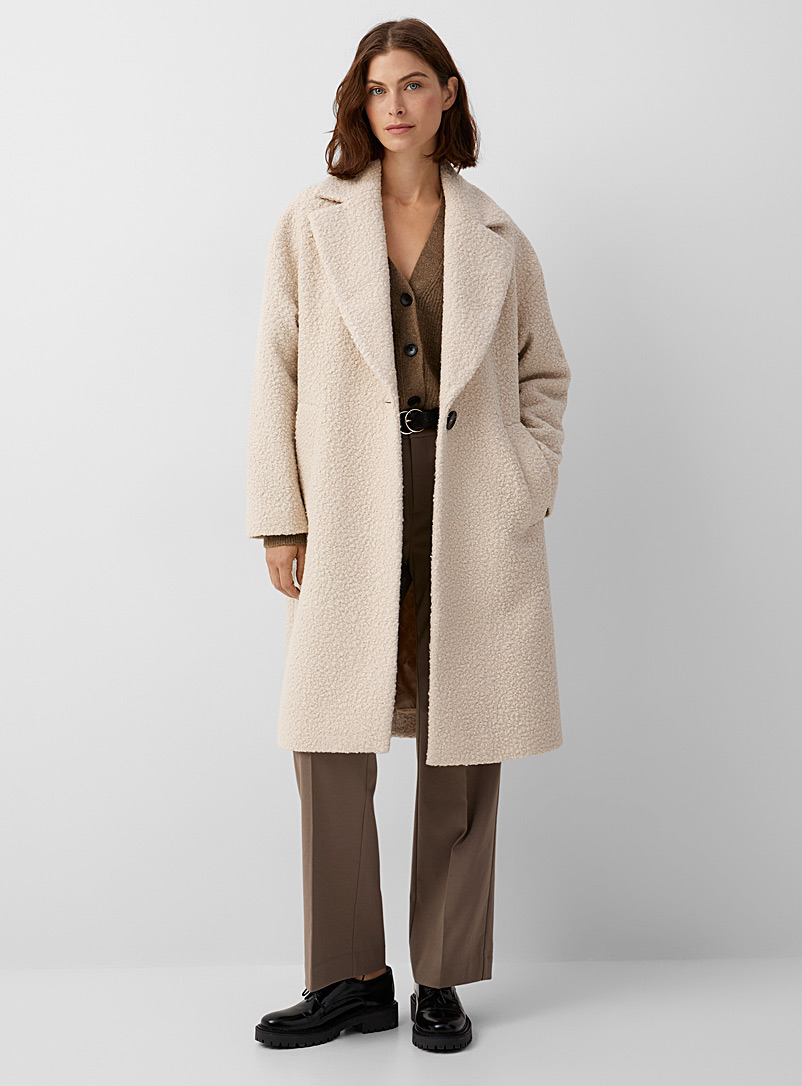 Contemporaine White Loose bouclé-textured overcoat for women