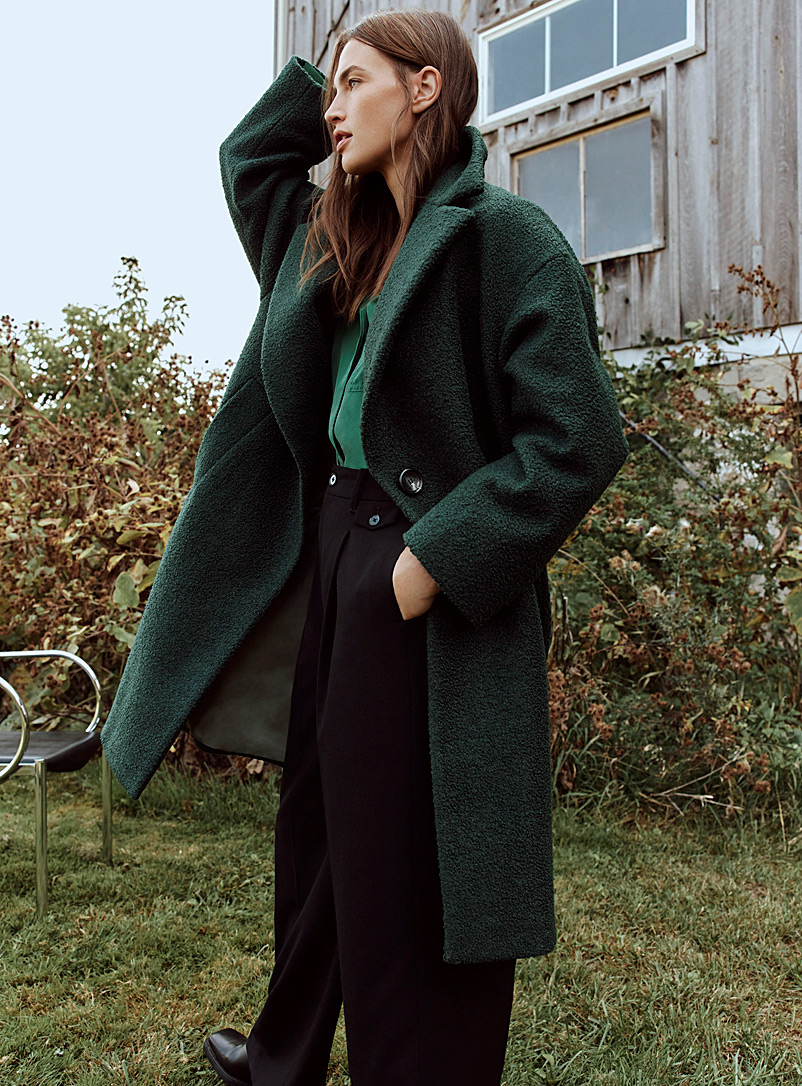 Contemporaine Green Loose bouclé-textured overcoat for women