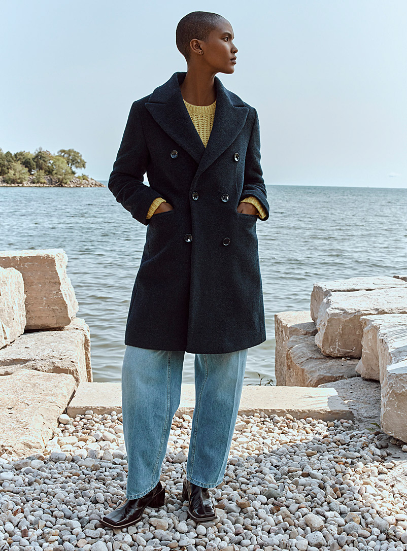Contemporaine Marine Blue Double-breasted wool and mohair overcoat for women