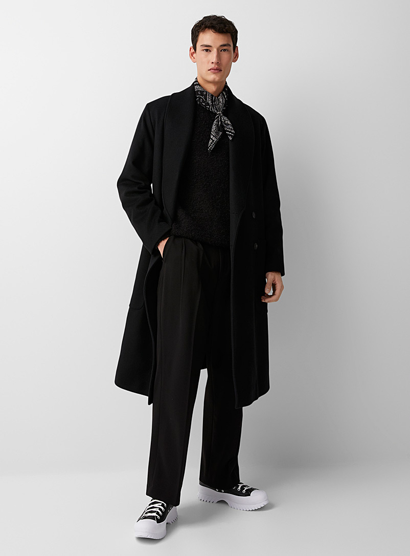 Le 31 Black Long shawl-collar overcoat for men