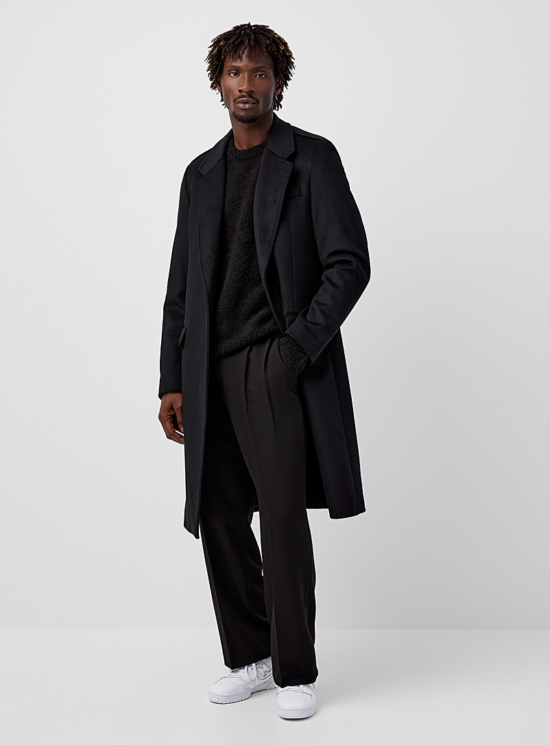 Le 31 Black Cashmere-touch long overcoat for men