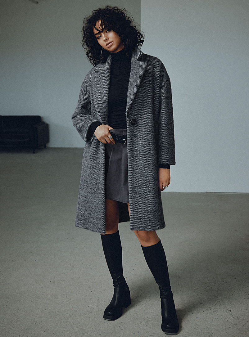 Icône Patterned Black Fuzzy oversized overcoat for women