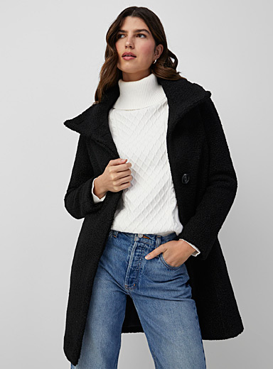 Contemporaine Black Bouclé texture stand-collar coat for women