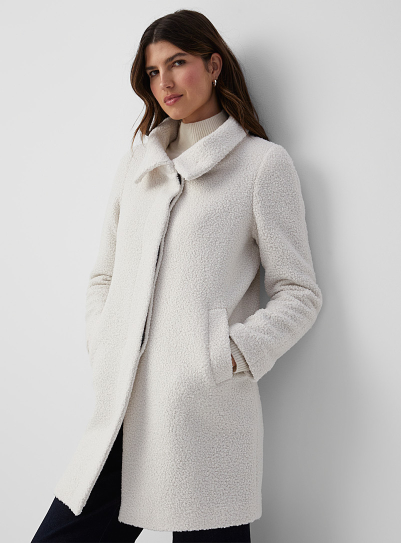 Contemporaine Ivory White Bouclé texture stand-collar coat for women