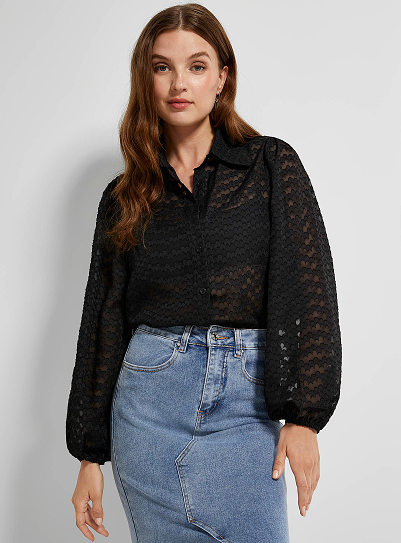 Icône Black Textured waves puff-sleeve shirt for women