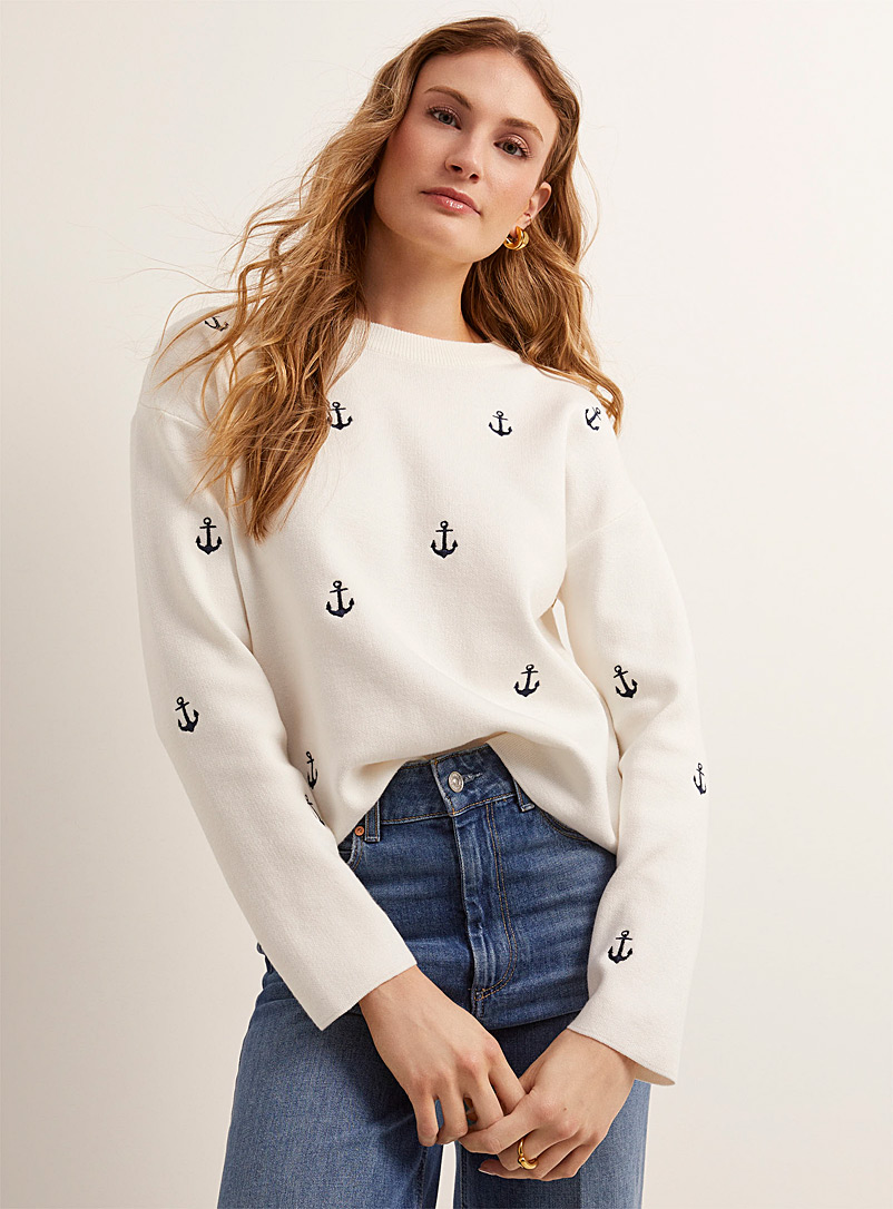 Contemporaine Off White Embroidered anchors sweater for women