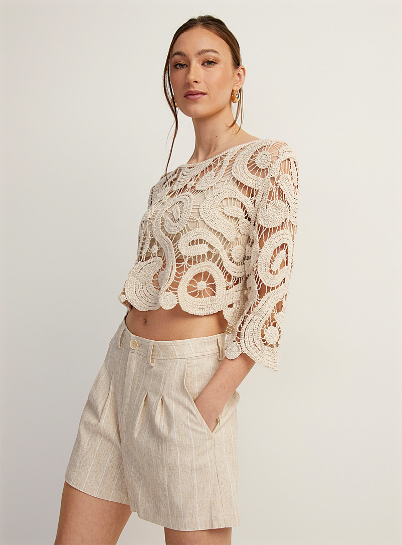 Icône Ivory/Cream Beige Bell-sleeve crocheted cropped sweater for women