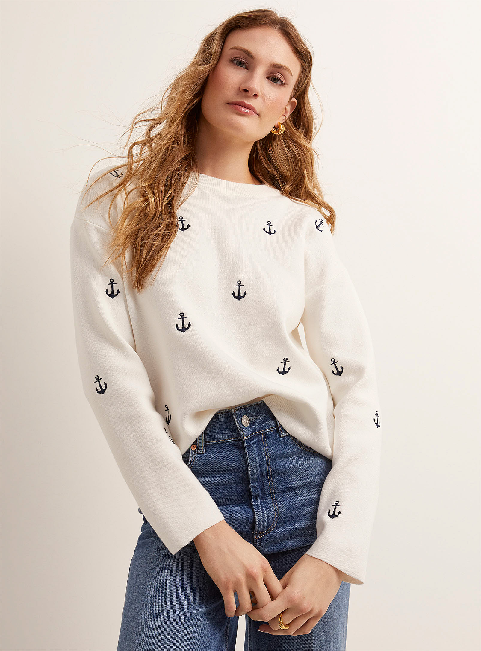 Contemporaine Embroidered Anchors Sweater In White