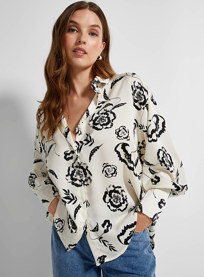 Icône Black and White Indian ink flowers satiny shirt for women