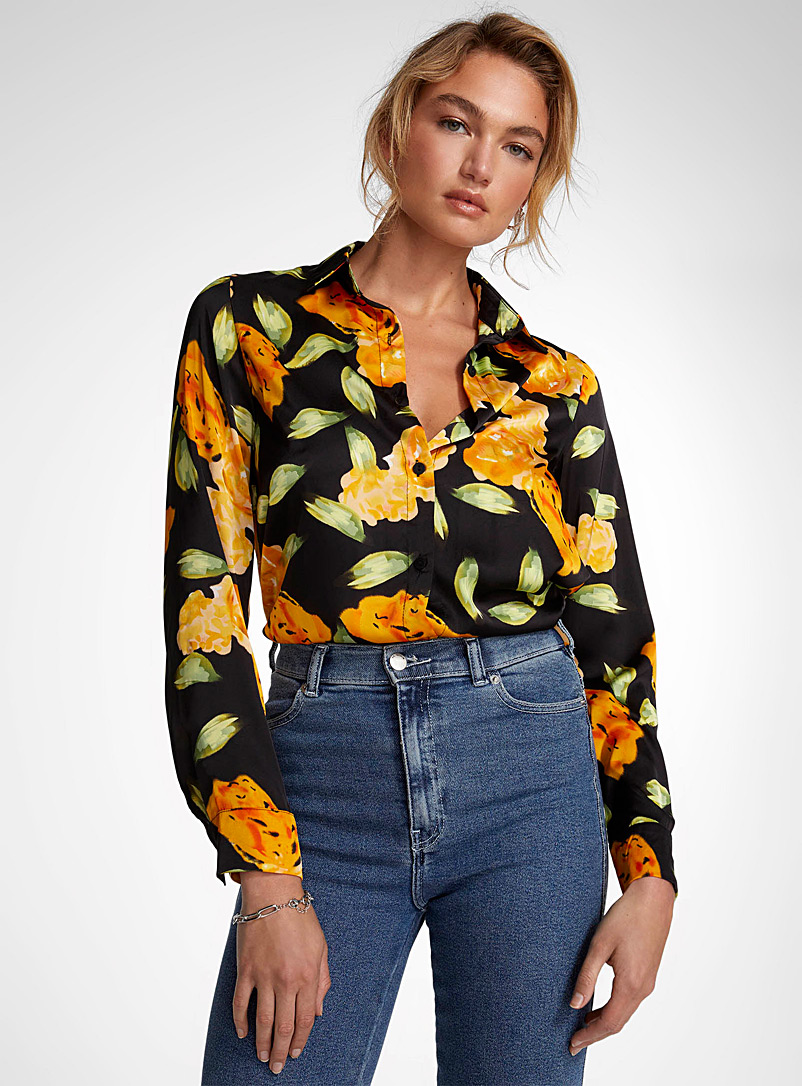 Icône: La chemise satinée larges fleurs orange Noir à motifs pour femme