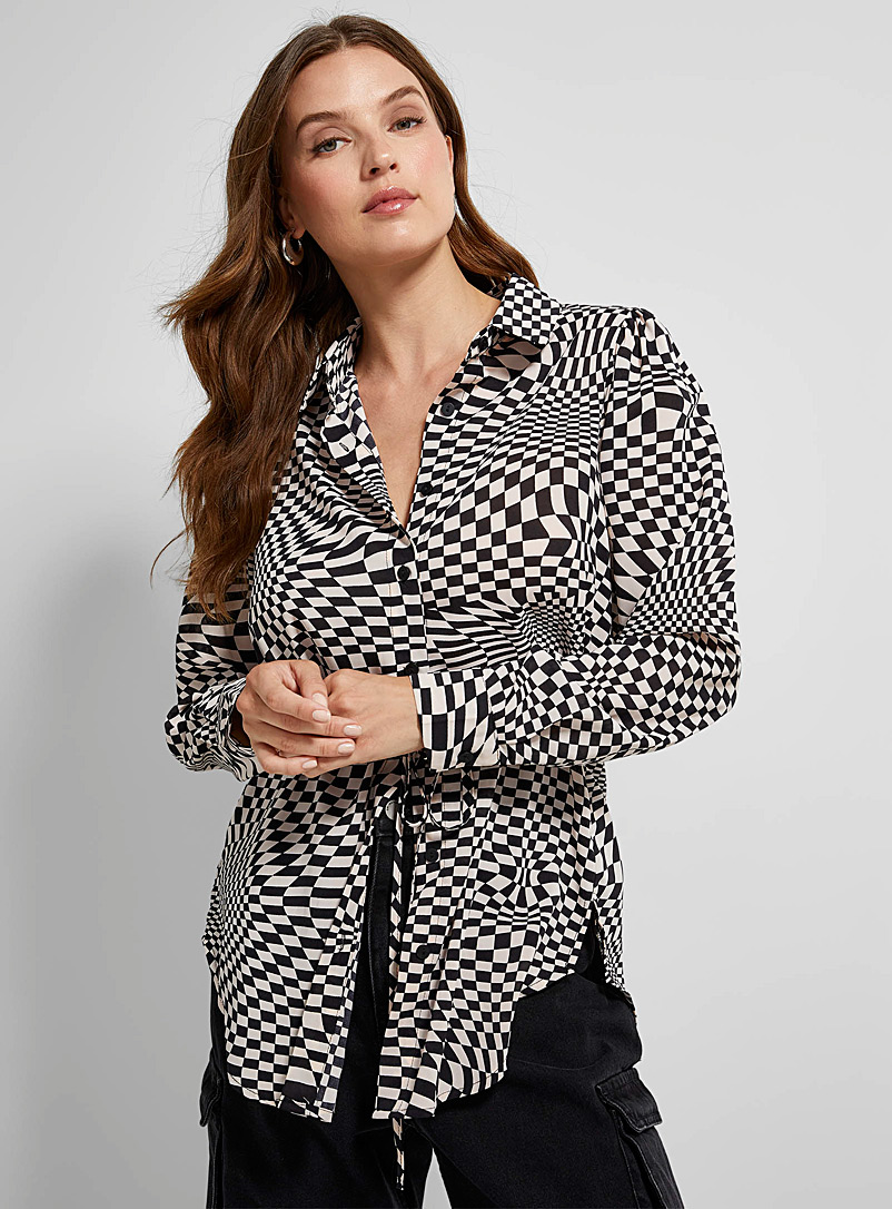 Icône Black and White Asymmetrical checkerboard pattern tie-waist shirt for women