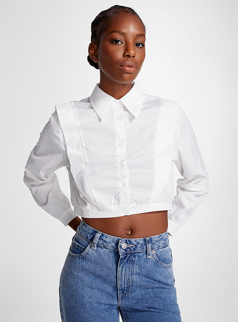 Icône White Textured pinstripes cropped blouse for women
