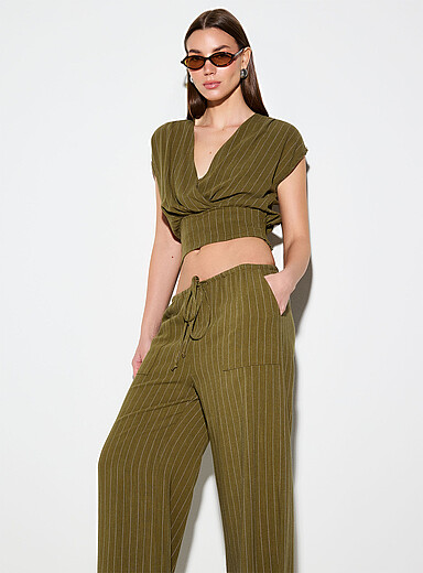 Touch-of-linen plunging crossover blouse
