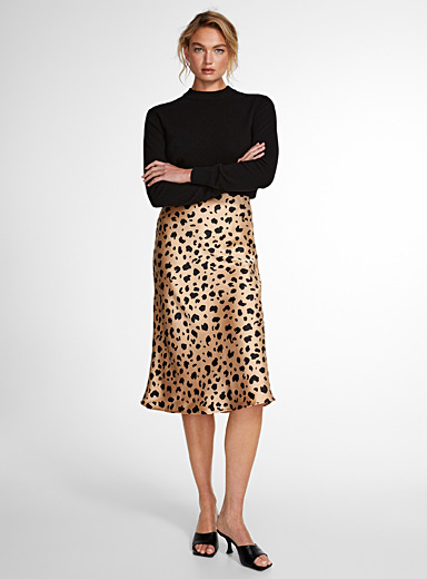 Icône Patterned Ecru Leopard satin skirt for women