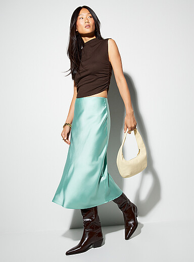 Ic&ocirc;ne Teal Satiny midi skirt for women