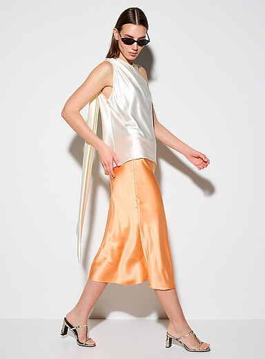 Ic&ocirc;ne Tangerine Satiny midi skirt for women