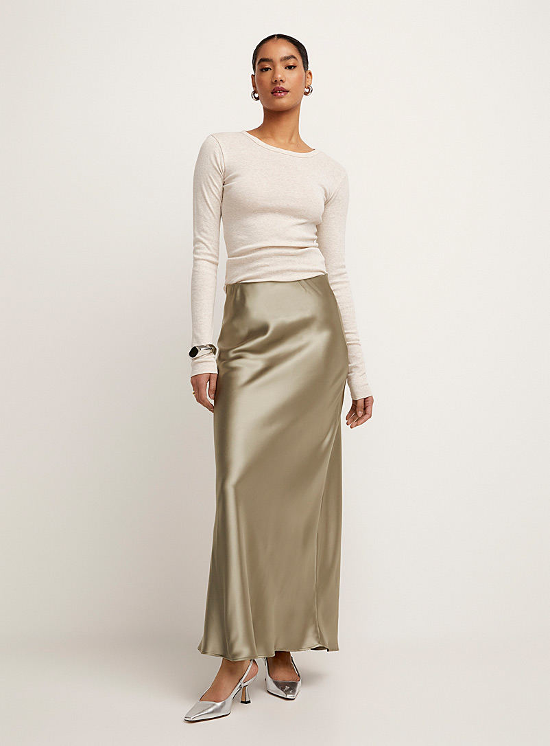Icône Khaki/Sage/Olive Maxi satiny skirt for women