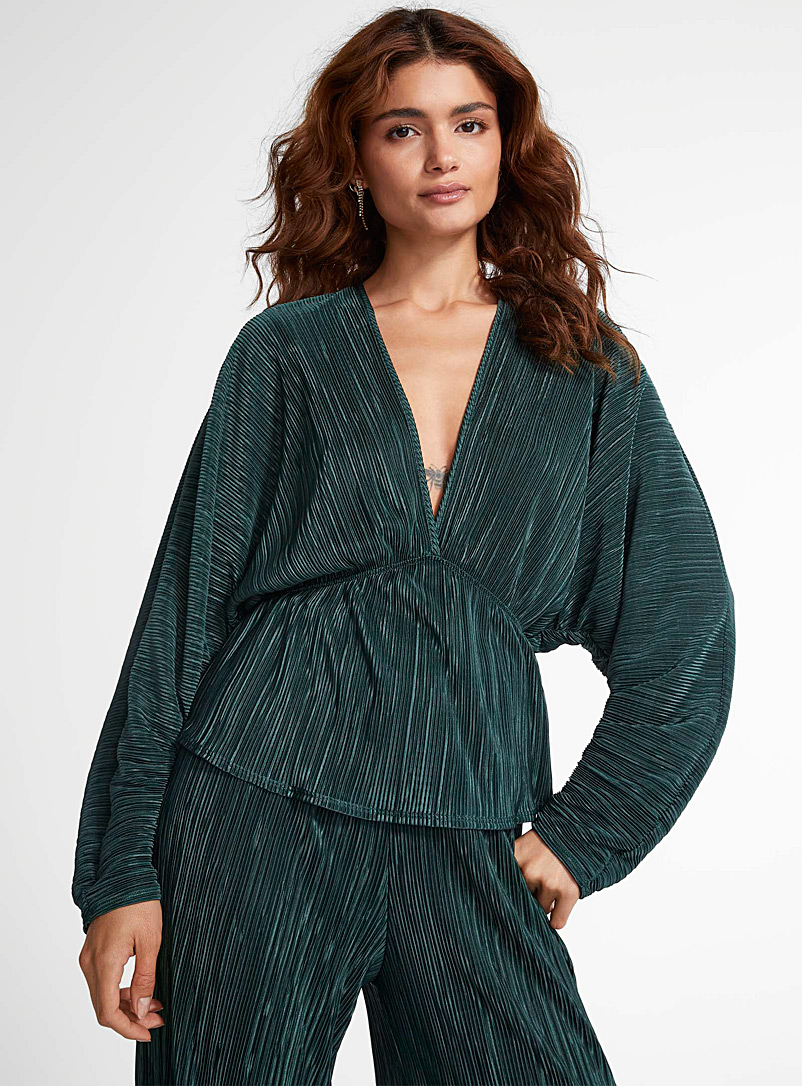 Icône Green Pleated jersey ultra-plunging V-neck blouse for women